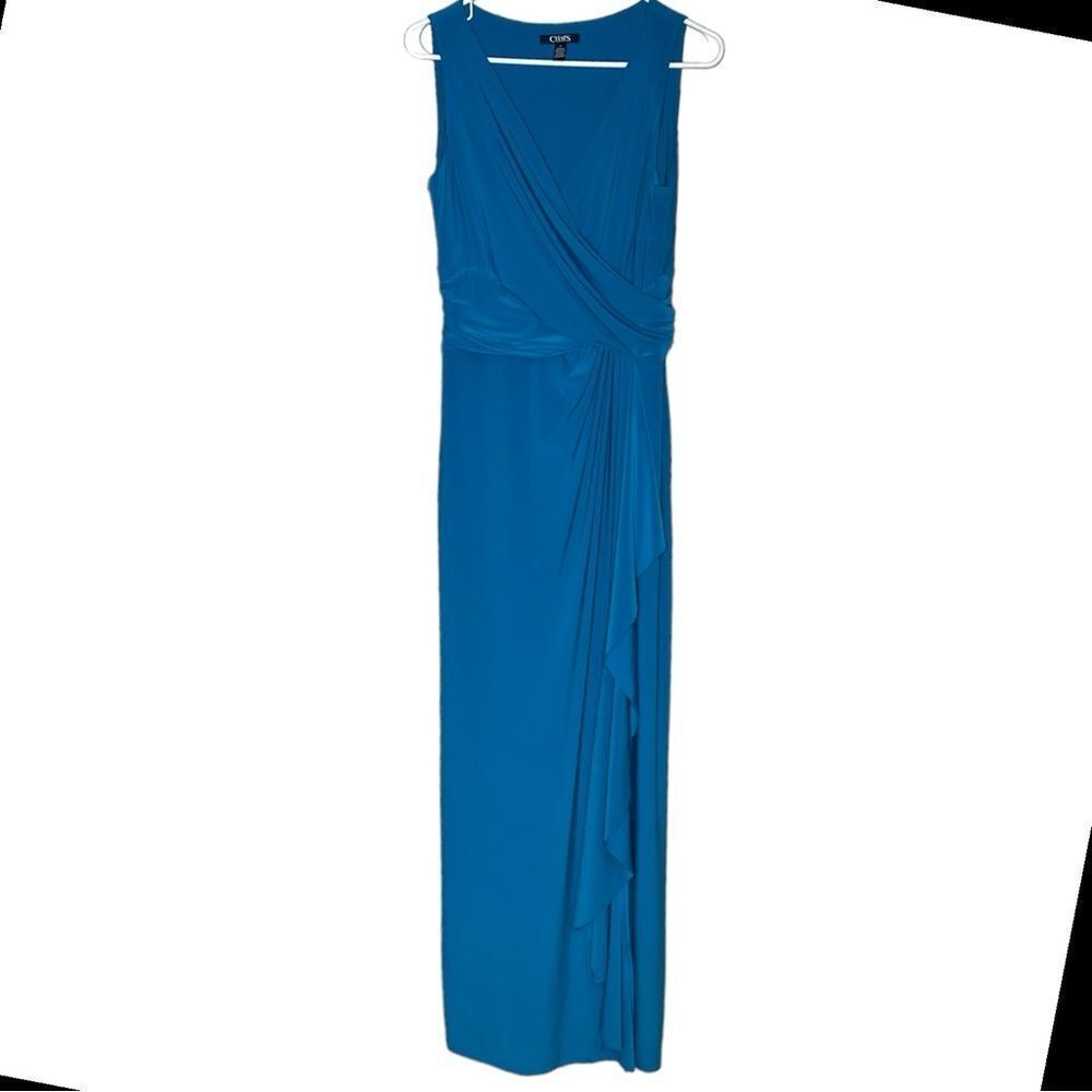 RALPH LAUREN CHAPS  JERSEY KIERAN SLEEVELESS BLUE  MAXI DRESS V NECK SIZE 10